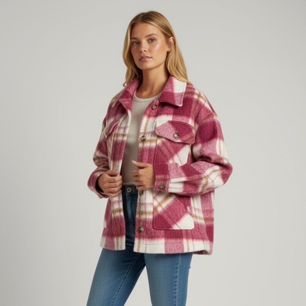 Pink Plaid Fuzzy Shacket Size Large Women Jackets & Coats Pink